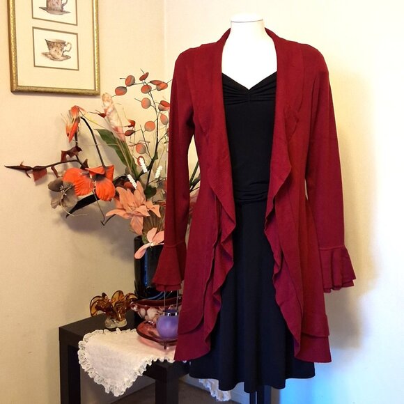 NWT Woman's Simon Chang Wine Burgundy Cardigan Coat Knit Long Outerwear - Picture 2 of 11
